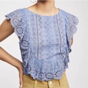 Free People Blue Eyelet Lace Crop Top Boho Flutter Sleeve Blouse S